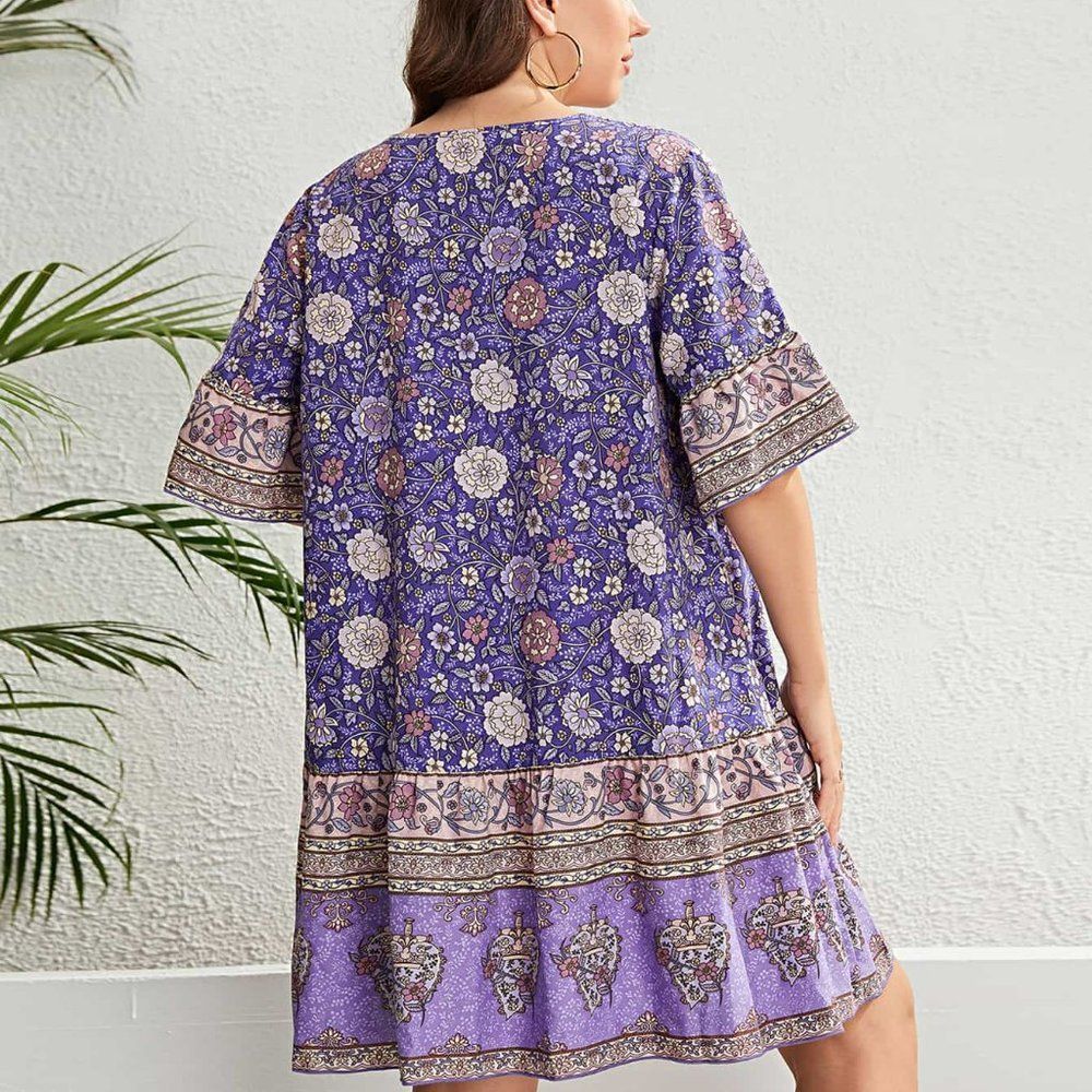 White Label Women's Purple Plus Size Floral Tie Neck Flounce Sleeve Mini Dress - Picture 2 of 6